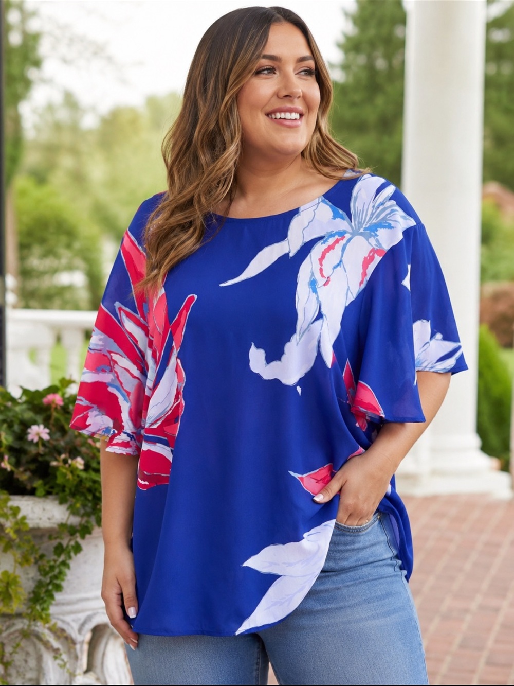 Gibson Latimer Vibrant Floral Flutter Sleeve Blouse